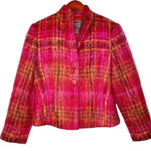 Lafayette 148 NY Mohair Wool Button Front Plaid Blazer Size 6 in Red Plaid